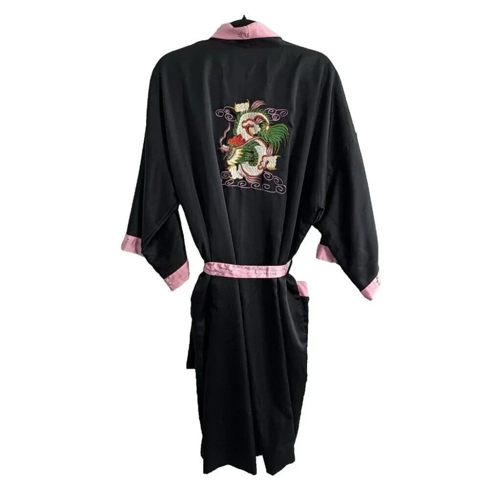 JAPANESE Women Reversible Embroidered Dragon Kimono Robe One SZ Black‎ Pink 65-3